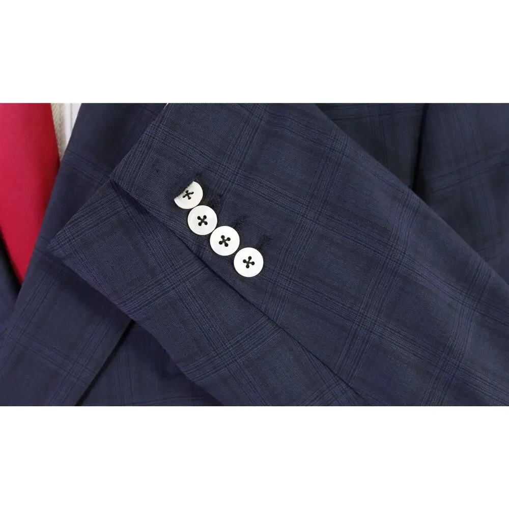 Peter Millar Navy Blue Black Plaid Check Black Double Breasted Wool Suit 44R